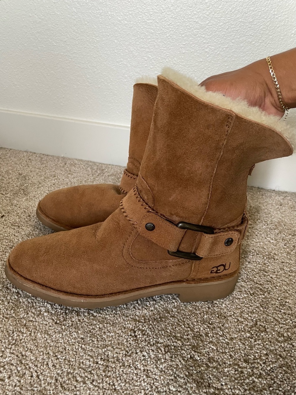 UGG Chestnut Suede Sheepskin Short Boot with Buckle
